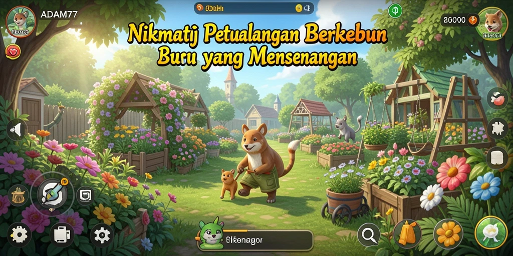 Tangkapan layar utama game ADAM77 menampilkan pengalaman berkebun yang interaktif dan menyenangkan.