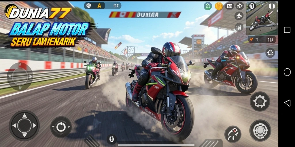 Screenshot gameplay DUNIA77 yang menampilkan balapan motor seru.