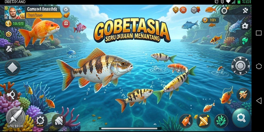 Tampilan gameplay GOBETASIA yang menampilkan momen menangkap ikan besar.