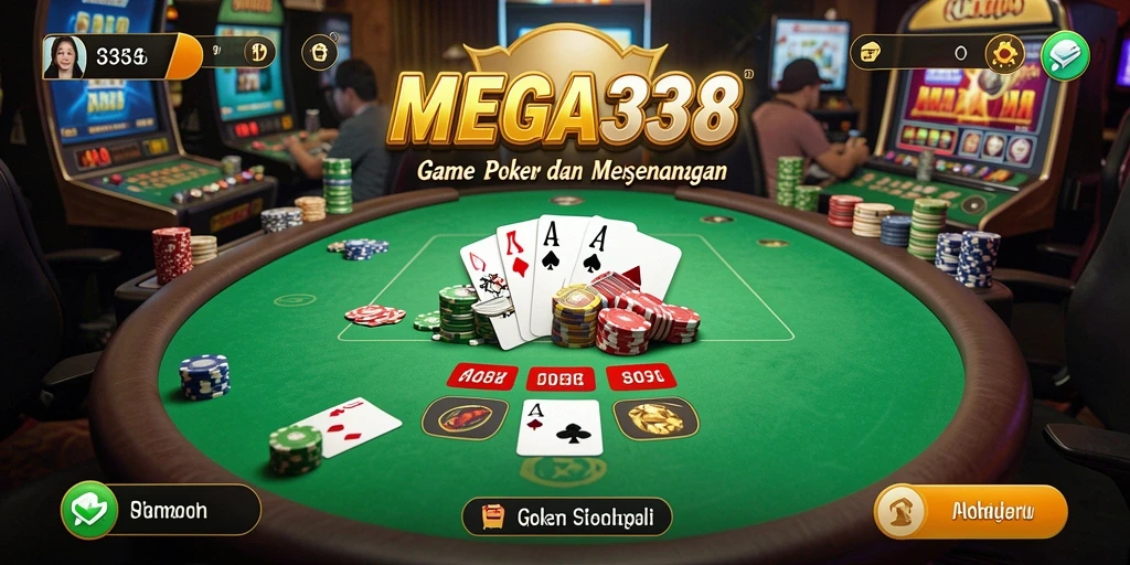 Screenshot gameplay MEGA338 yang menampilkan suasana poker yang mendebarkan.