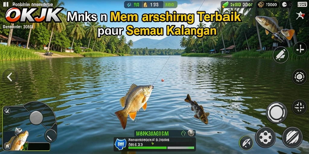 Screenshot gameplay OKJK menampilkan momen mendebarkan saat menangkap ikan.