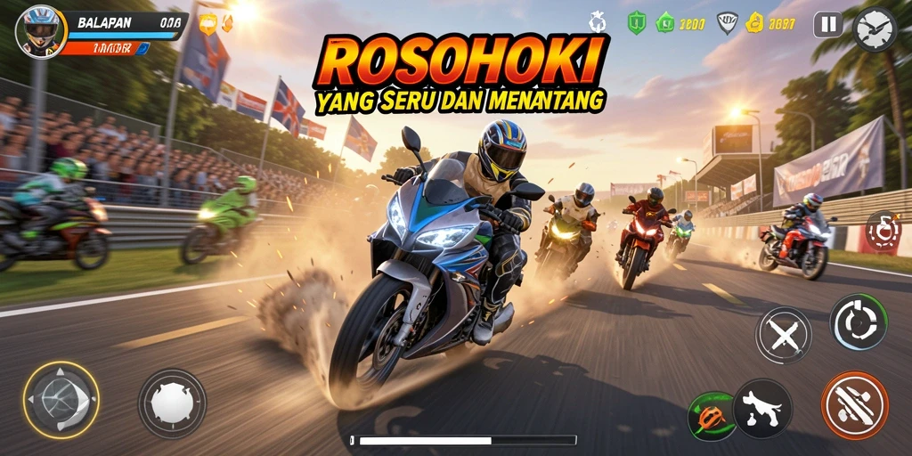 Tampilan menarik dari gameplay ROSOHOKI saat balapan motor.