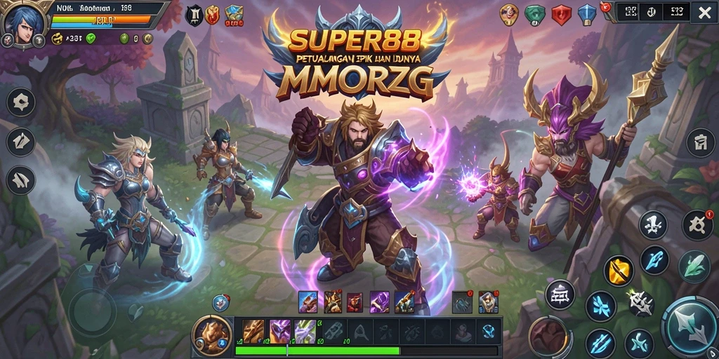 Screenshot dari gameplay SUPER88 menampilkan pertempuran seru di alam fantasi.
